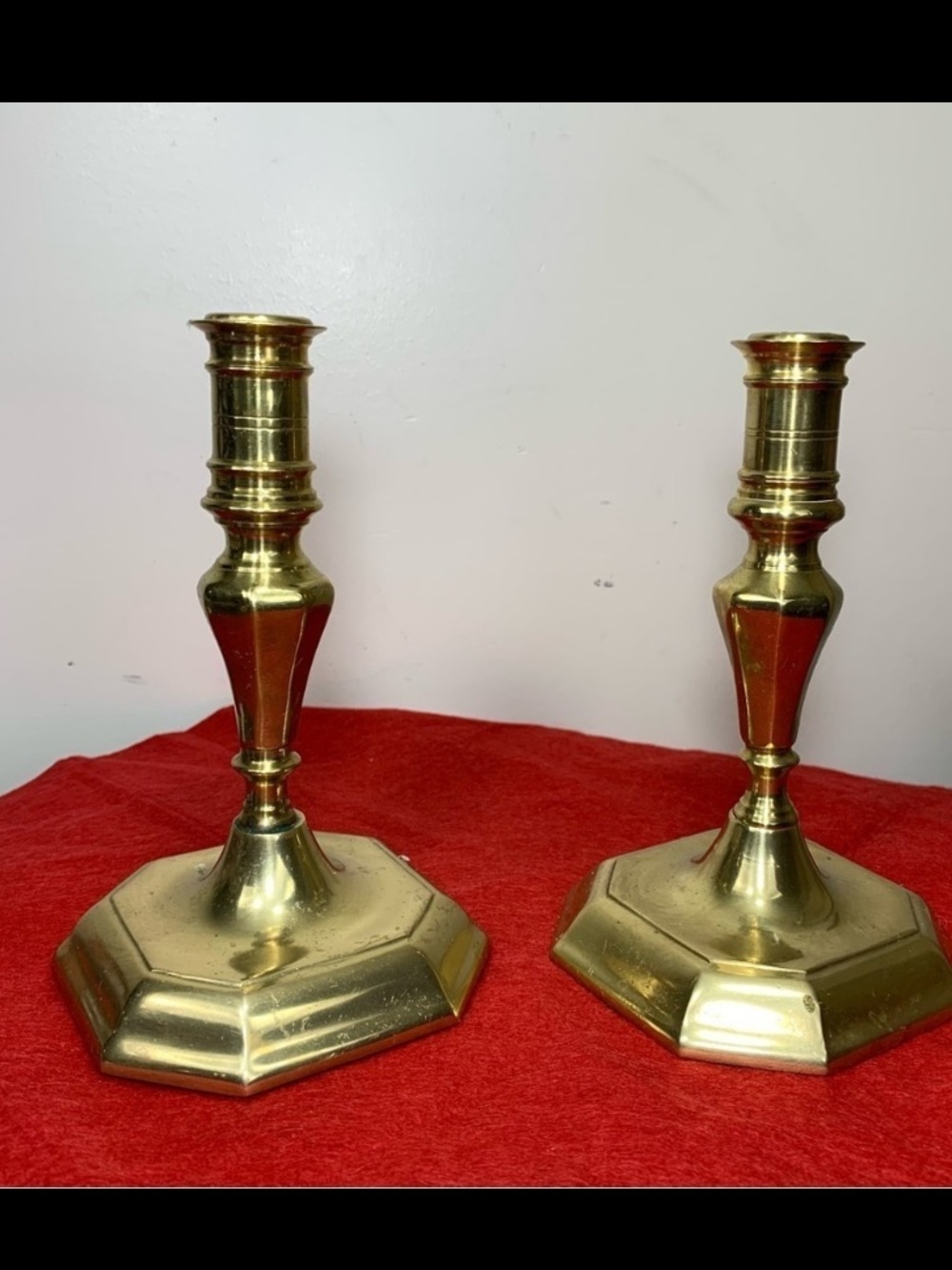 Vintage 40s Gold Brass Candle Holders Set of 2 Colonial Octogonal Decor 7" High